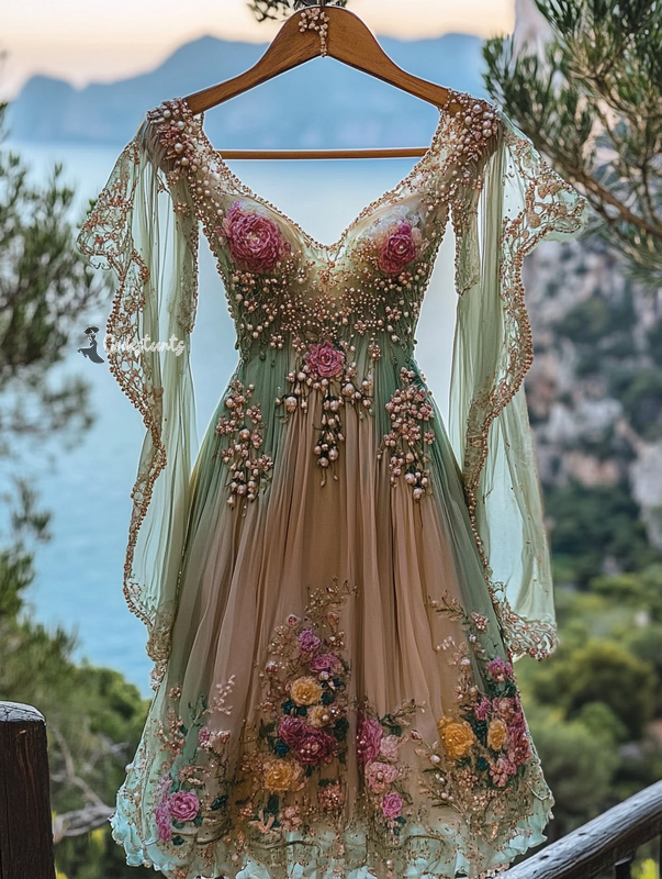Summer Vintage Floral Beaded Dress bd86