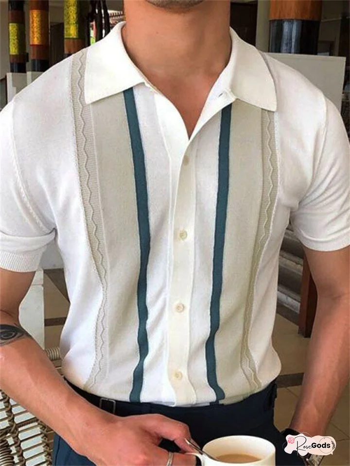 Men's Summer New Men's Knitted Shirt Lapel Pullover Casual Striped Polo Shirt Casual White M-3XL