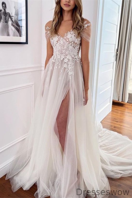 Dresseswow Cap Sleeves Tulle Wedding Dress Slit Long Open Back With Appliques