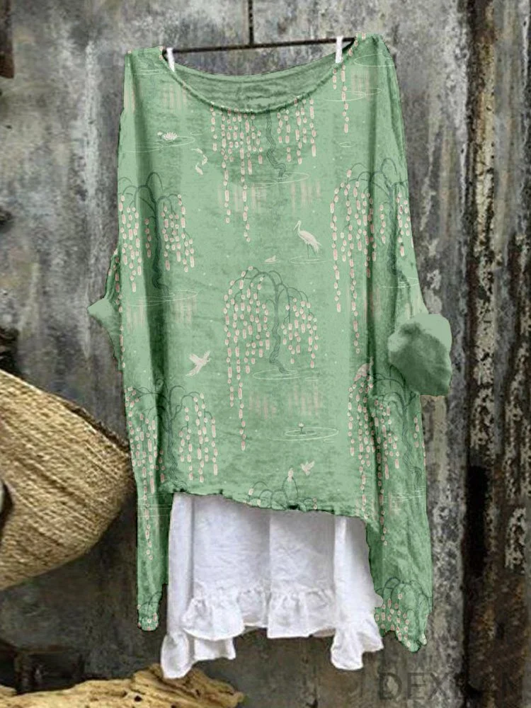 Japanese Kyoto Blossom Willow Art Linen Blend Tunic