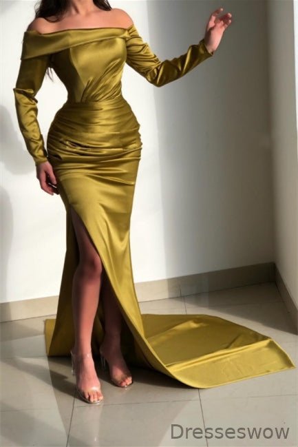 Dresseswow Off-the-Shoulder Mermaid Evening Dress Long Sleeves With Slit