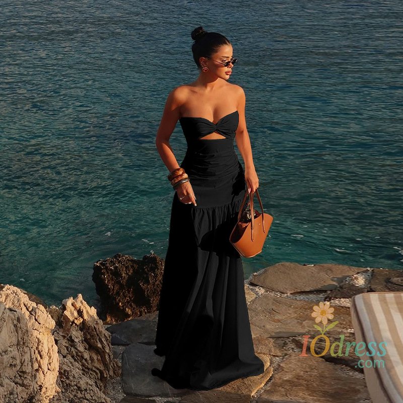IO Dress Women's Hot Girl Simple Solid Color Sleeveless Beach Skirt Holiday Strapless High Waist Women's Long Sleeveless Hollow Dress IO Dress