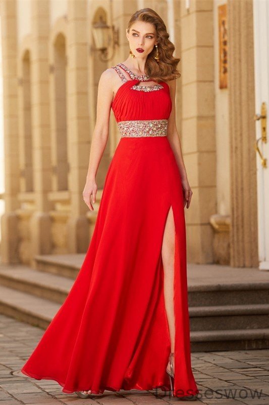 Dresseswow Red Halter Prom Dress Split With Crystals