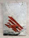 Unisex Retro Propeller Cross Red Airplane Art Print V-Neck Short Sleeve Casual T-Shirt