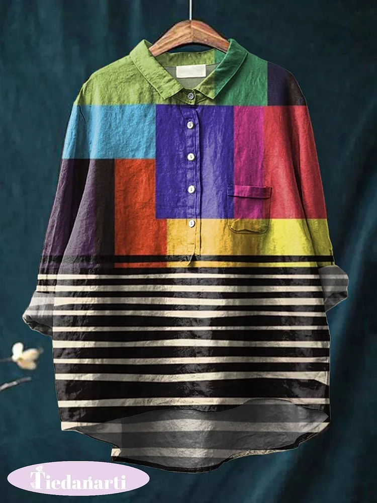 Women's Abstract Print Art Casual Cotton And Linen Shirt
