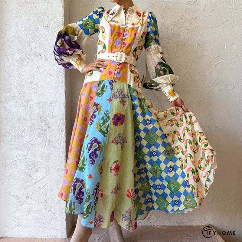Lantern Sleeve Printed Cinched Waist Long Sleeve Dress | IFYHOME