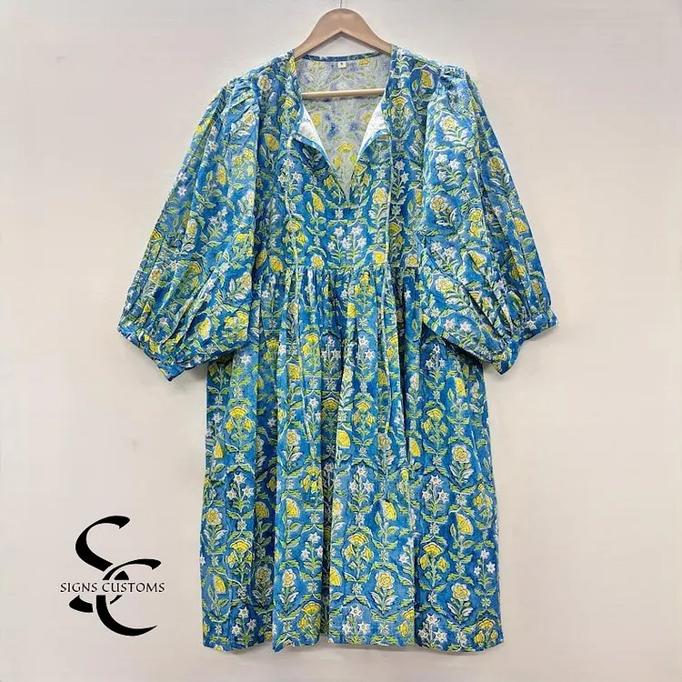 Blue Floral Print Cotton Dress &ndash; Summer Midi & Mini Dress with Deep Neck and String Closure