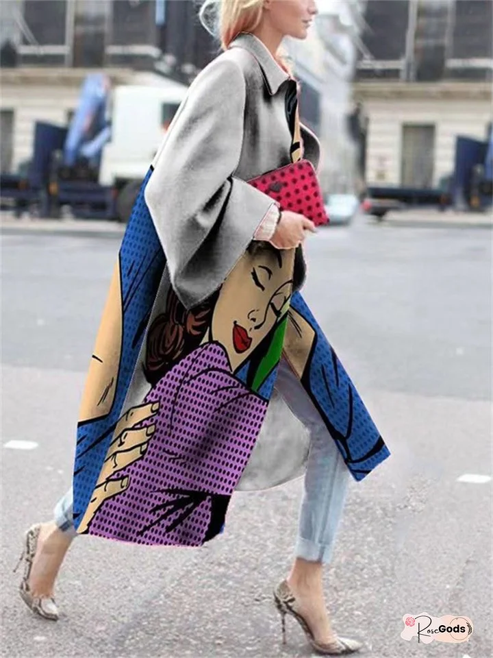New Fall Temperament Commuter Women's Long-sleeved Lapel Coat Printed Tweed Urban Wind Loose Type Coat