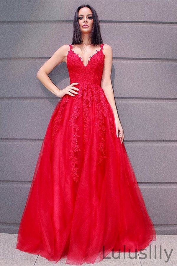 Fabulous Red Sleeveless V-Neck Lace Appliques Evening Dress - lulusllly