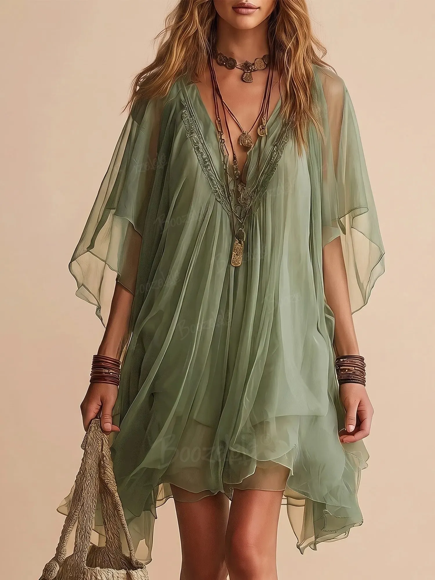 Vacation Dress &mdash; Sage Green V-Neck Cape Sleeve Embroidered Chiffon Lace Dress Mini Dress