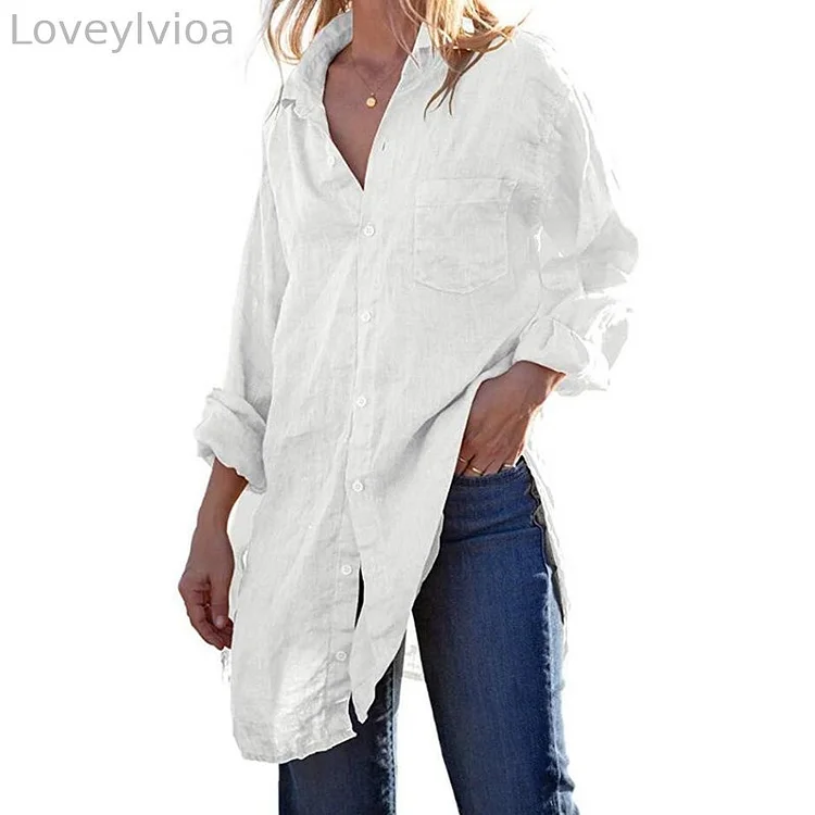 Solid Color Simple Cotton And Linen Lapel Shirt