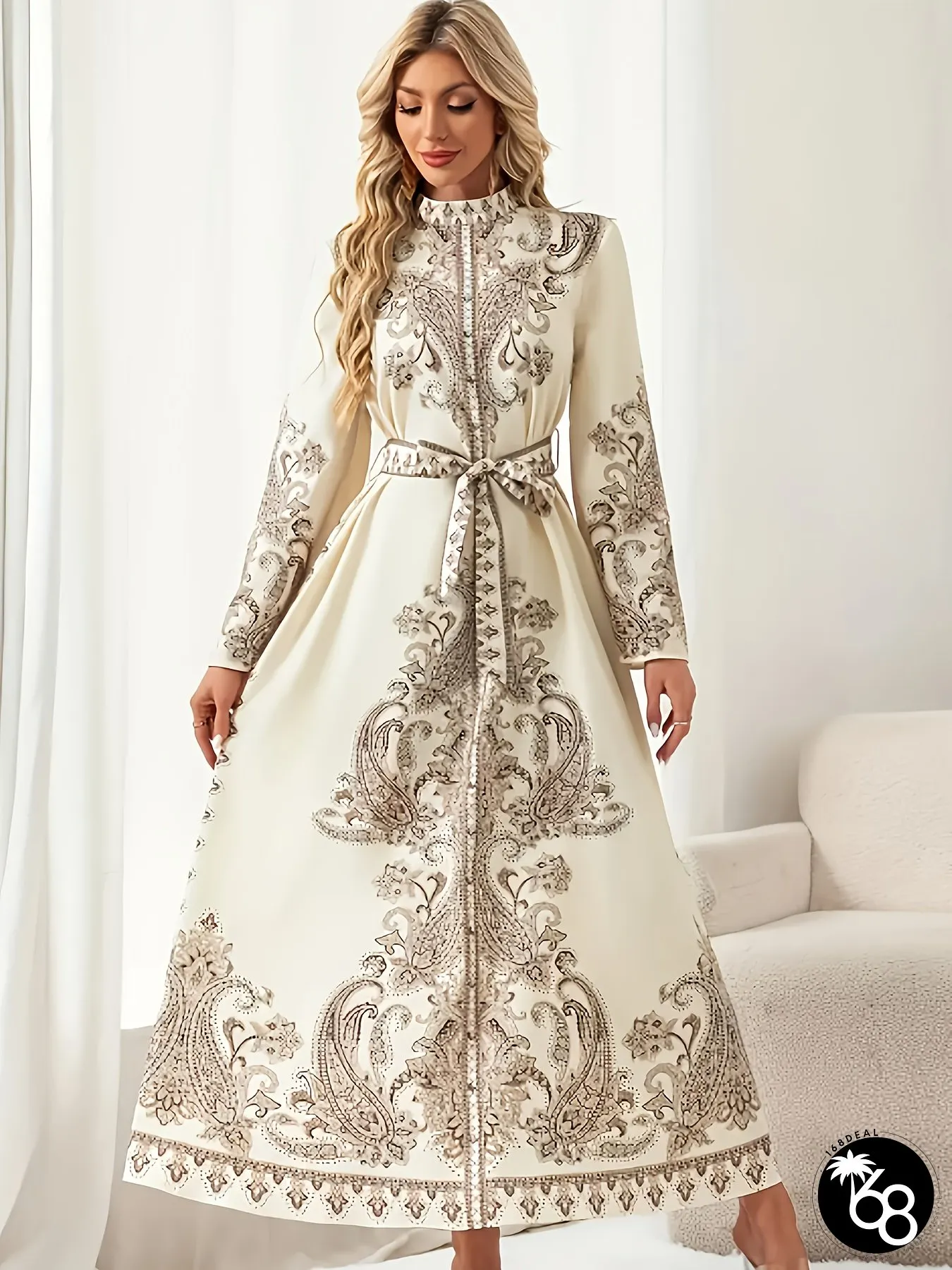 [Elegant Floral Maxi Gown] Elegant Maxi A-Line Formal Gown - Women's Beige Floral Print Long Dress with Round Neck | 168DEAL