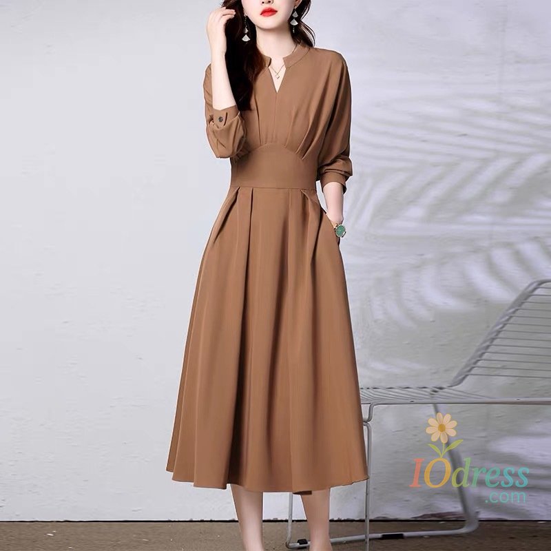 IO Dress Women's Dress, Spring dress, Midi Waistline, Long Sleeve, V neck, Solid Dress, New Model, Youthful And Slimming, Elegant  Dress IO Dress