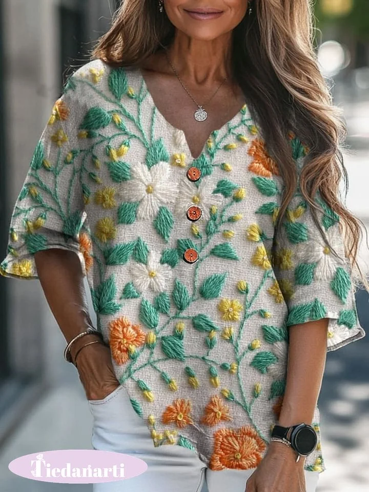 Embroidery Floral Pattern Printed Women's Casual Linen V-Neck Shirt