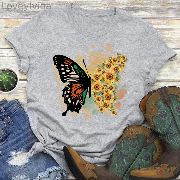 Sunflower Butterfly Round Neck T-shirt-0018887