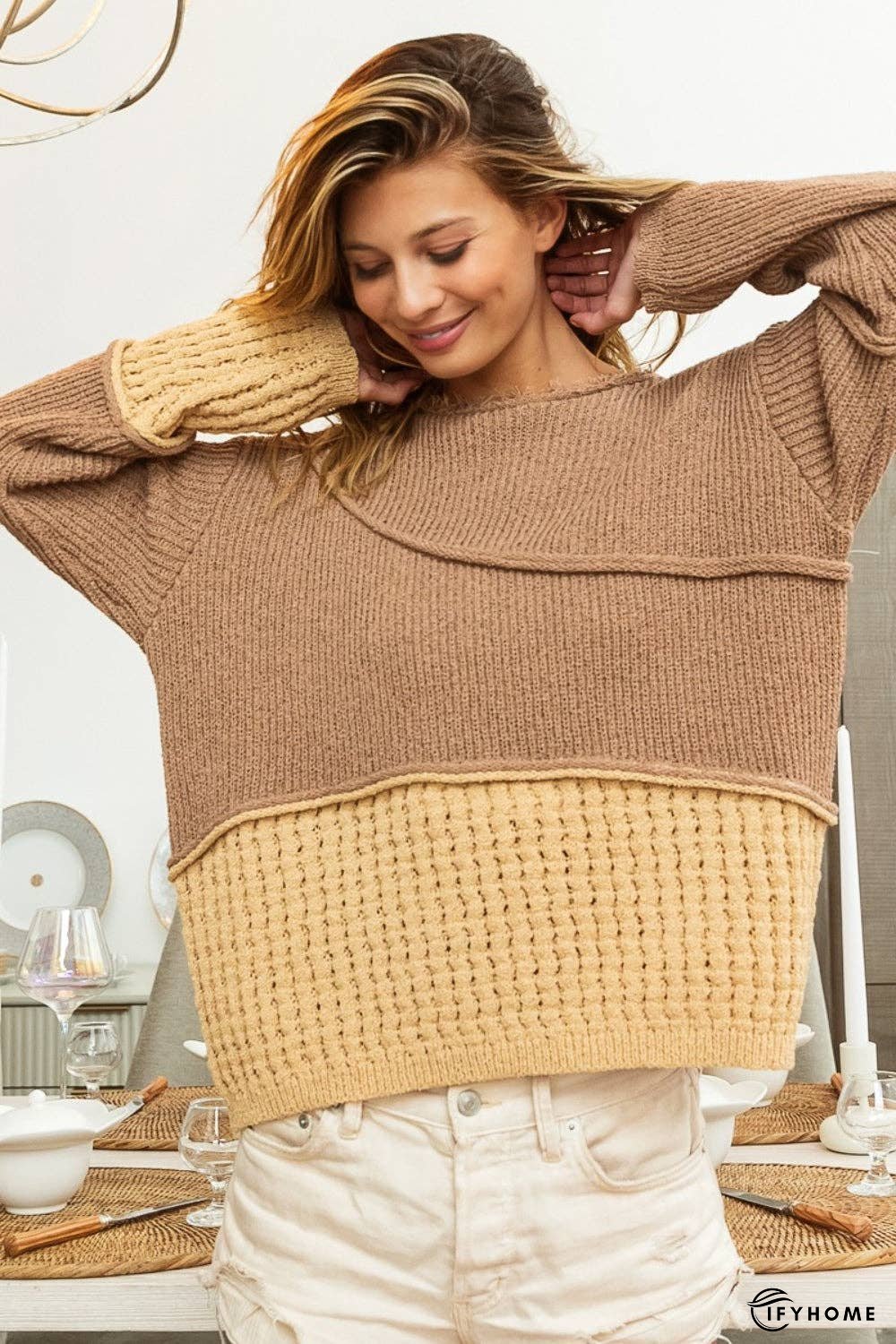 BiBi Texture Detail Contrast Drop Shoulder Sweater | IFYHOME
