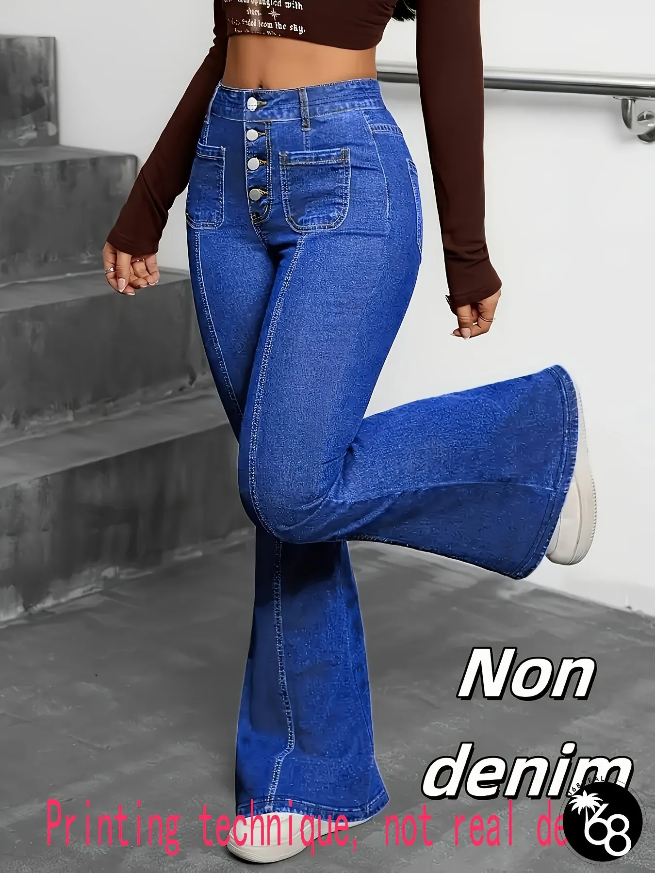 Womens Imitation Denim Bell-Bottom Jeans Digital Print Wide-Leg Trousers with Frayed Hem | 168DEAL