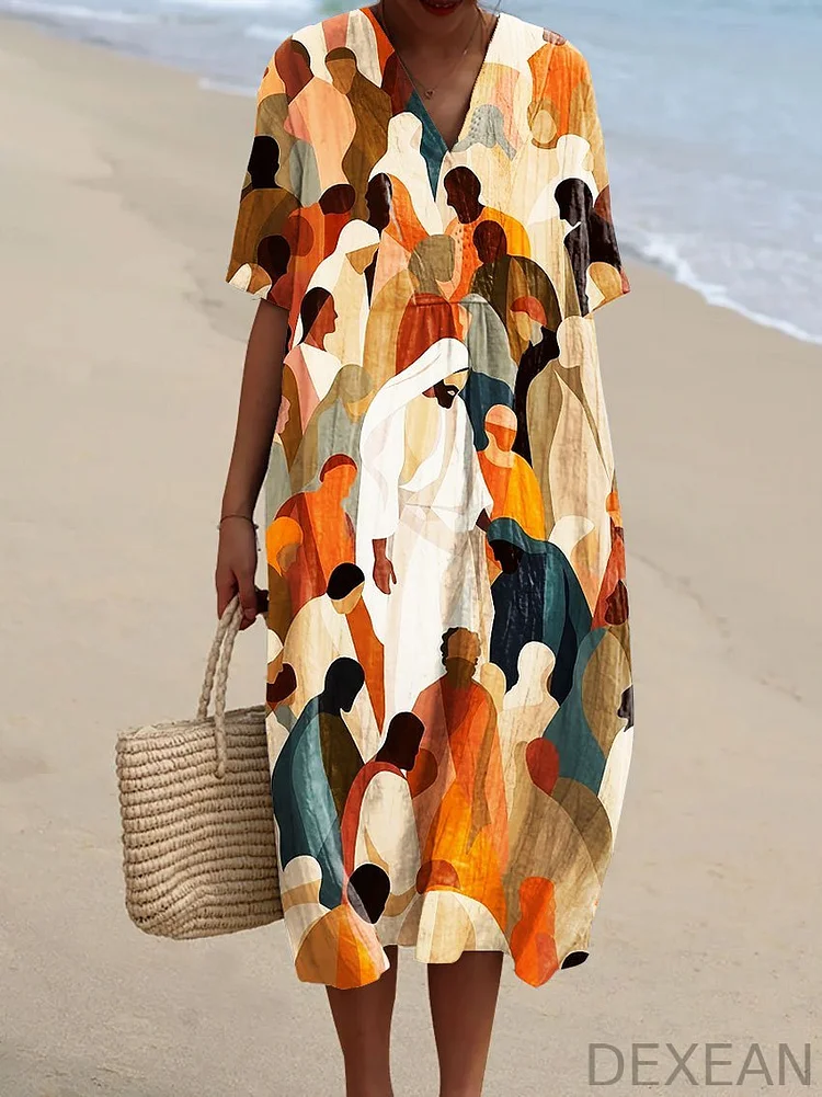 Women's Vintage Jesus Feeds The 5000 Abstract Boho Art Print Flowy Dress