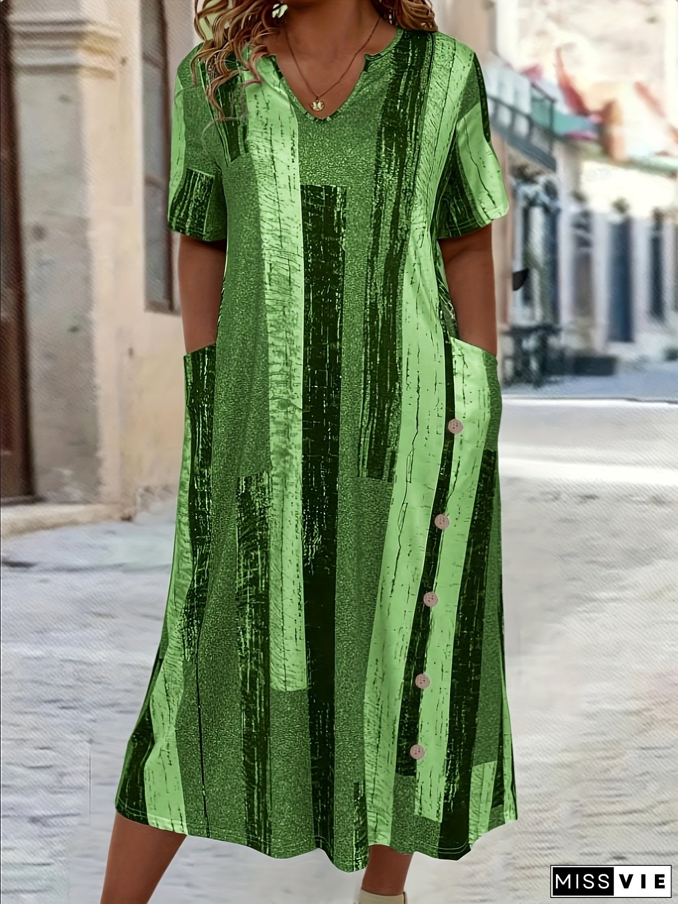 [Plus Size Geometric Dress] Plus Size Women's Geometric Print Short Sleeve Round Neck Button-Front Dress | Casual Loose Fit Machine Washable Spring/Summer T-Shirt Dress, Comfortable Fabric, Breathable Material, Relaxed Fit