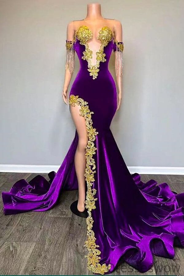 Dresseswow Purple Scoop Off-the-Shoulder Mermaid Evening Gowns With Split Appliques