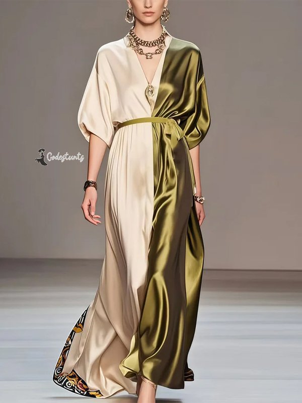 V-neck Short Sleeve Silk Colorblock Maxi Dress