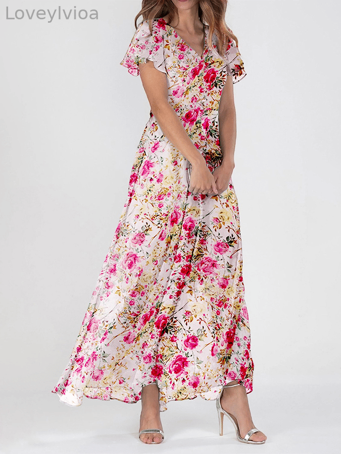 Women's V Neck Short Sleeve Chiffon Floral Dress