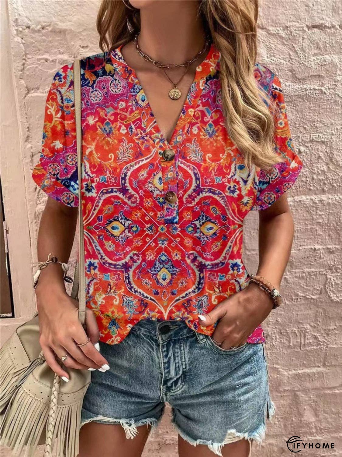 Full Size Printed Notched Short Sleeve Blouse | IFYHOME