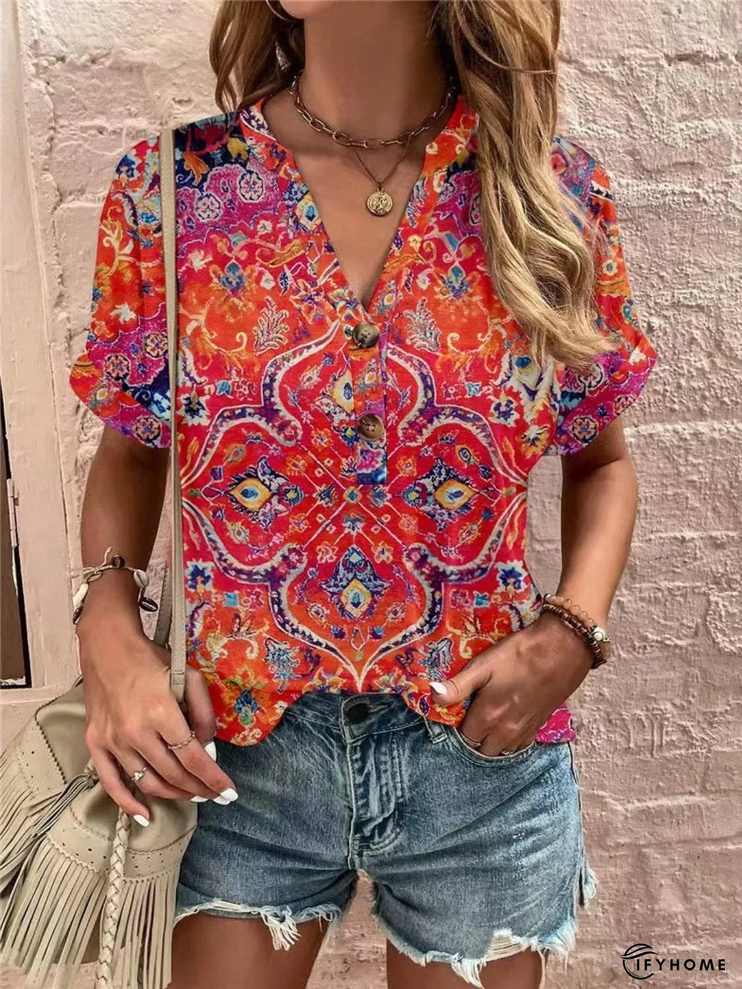 Full Size Printed Notched Short Sleeve Blouse | IFYHOME