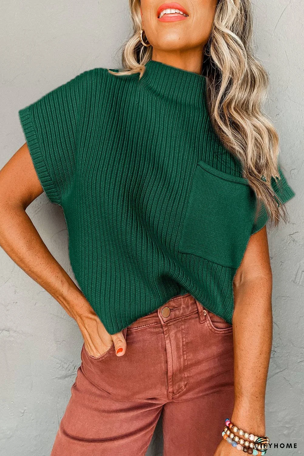 Oatmeal Patch Pocket Ribbed Knit Short Sleeve Sweater | IFYHOME