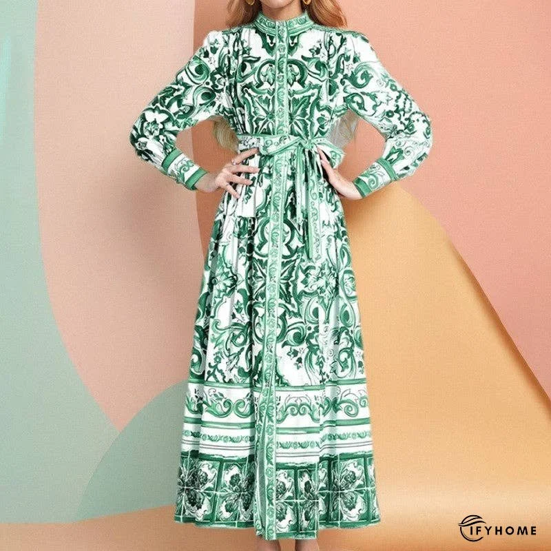 Lantern Sleeve Printed Cinched Waist Long Sleeve Dress | IFYHOME