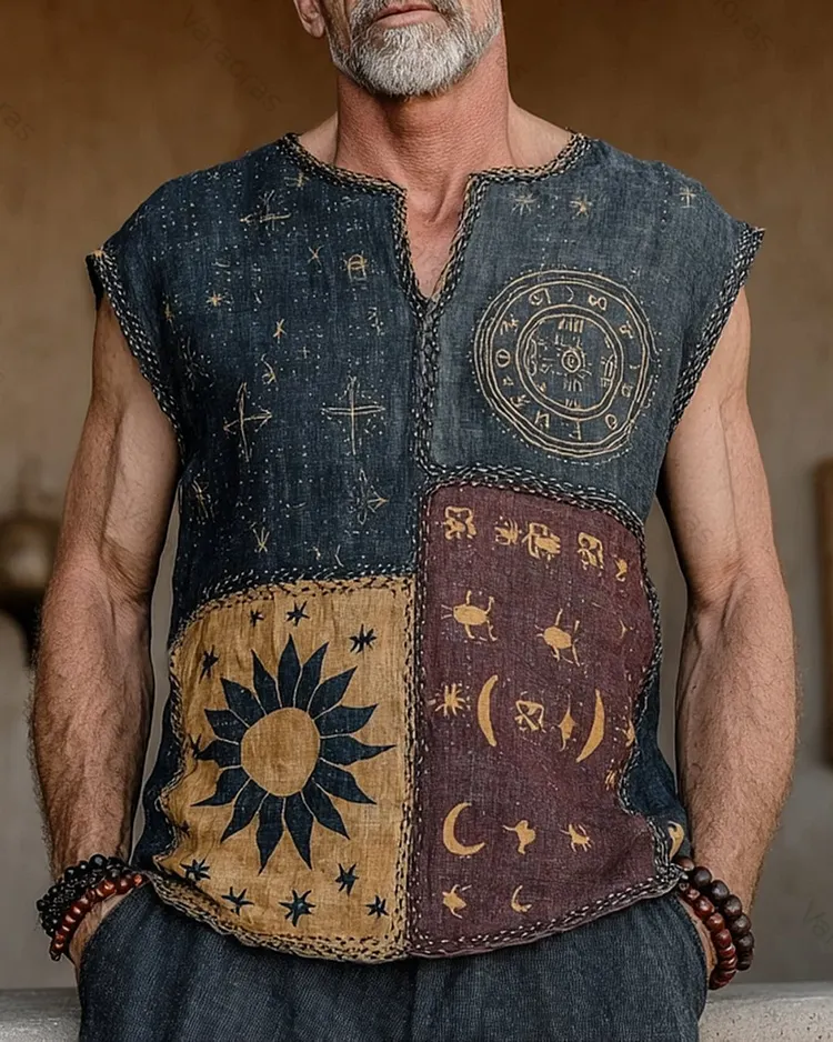 Men's Summer Fashion Linen Sleeveless Top with Star and Moon Embroidery 4677