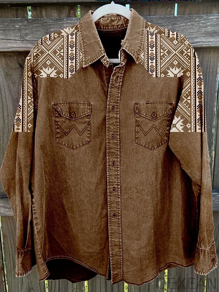 Men's Brown Bohemian Style Vintage Stripe Print Casual Shirt