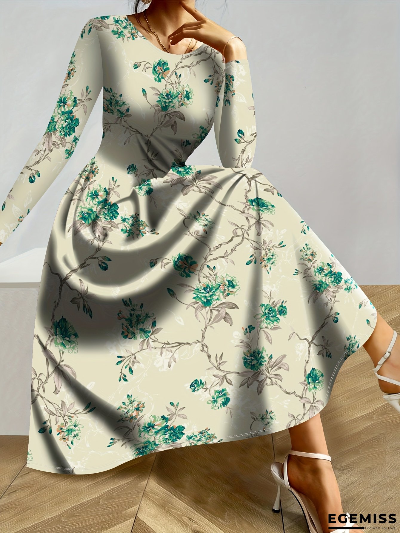 New Women's Floral Print Dress, 1pc Women's Floral Print Dress, Sunday Vacation Dress, Women's Floral Print Dress, Elegant Tropical Print Dress, Round Neck, Long Sleeve, Suitable For Autumn And Winter Casual Outing Date Daily Wear | EGEMISS