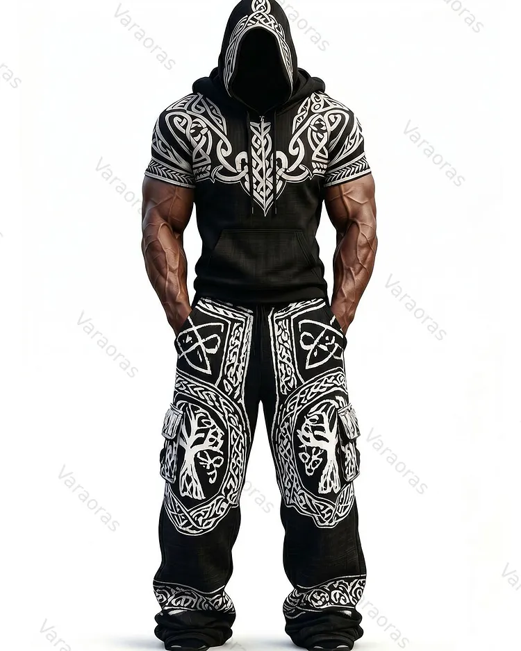 Men's Fashion Viking Contrast Color Embroidered Hoodie & Pants Two-Piece Set 9281
