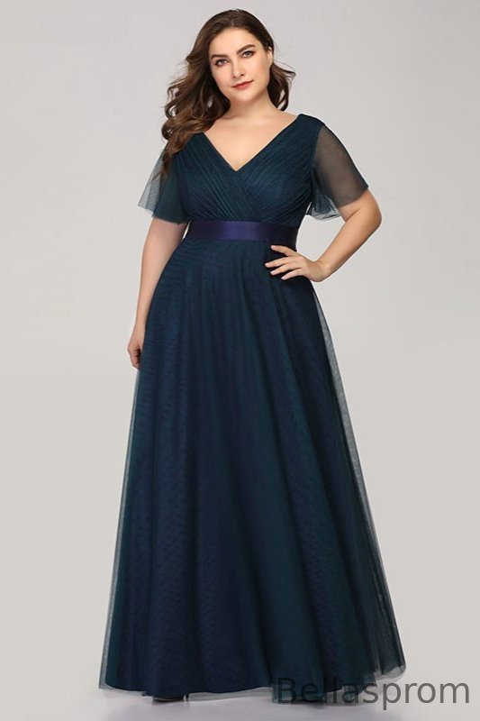 Bellasprom Plus Size Prom Dress Long Tulle Evening Gowns Short Sleeve Bellasprom