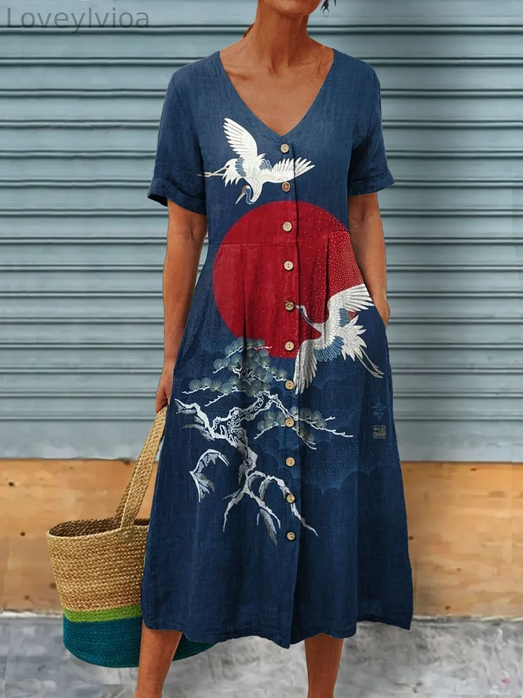 Japanese Art Printed Women's Linen Pocket Tunic Dress