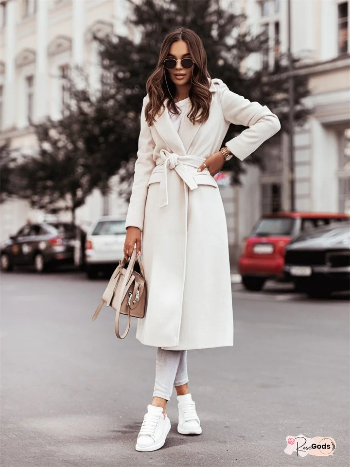 Explosion of Autumn and Winter Solid Color Simple Long-sleeved V-neck Tie Slim Type Tweed Jacket Temperament Commuting Women