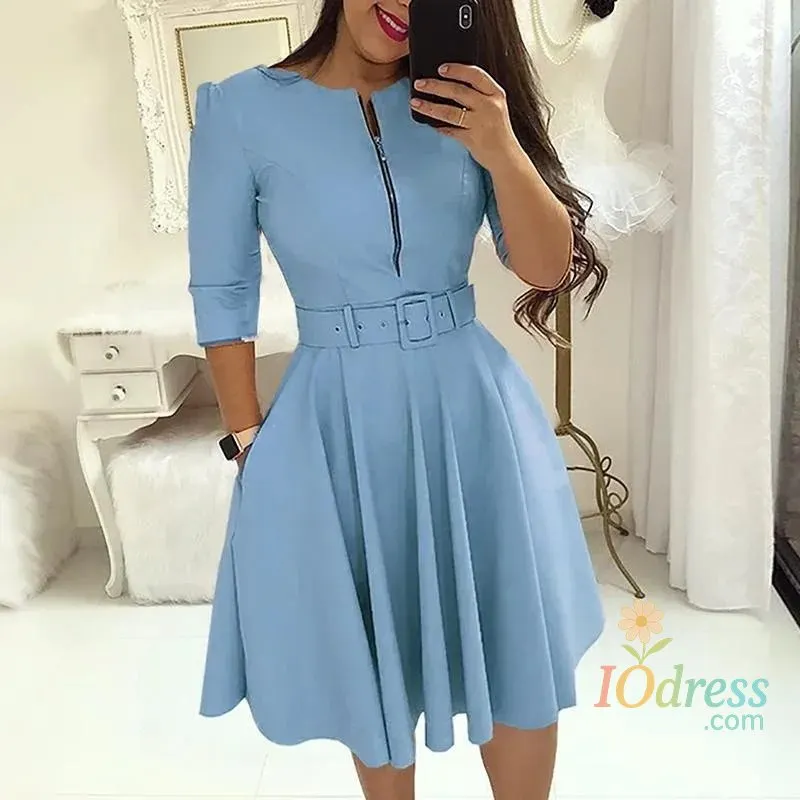 IO Dress Fashion Women Patchwork A-line Dresses Autumn/Winter Round Neck Printed Belt Party Dress Elegant Office Lady Zipper Dress IO Dress Store