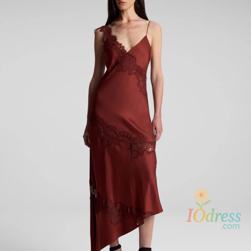 IO Dress Lace Patchwork Camisole Satin Dress V Neck Low Cut Sleeveless Slim Fit Sexy Dress Solid High Waist Backless Fashion Women Dress