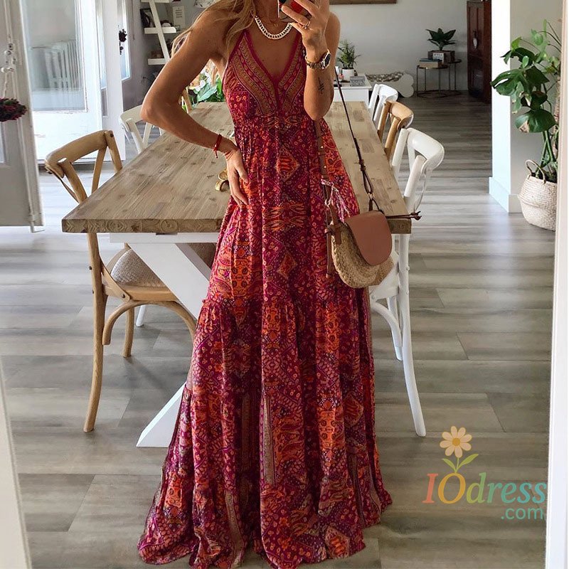 IO Dress Summer New Women's Fashion Bohemian Style Sexy V-neck Sleeveless Strap High Waist Printed Floral Long Dress IO Dress