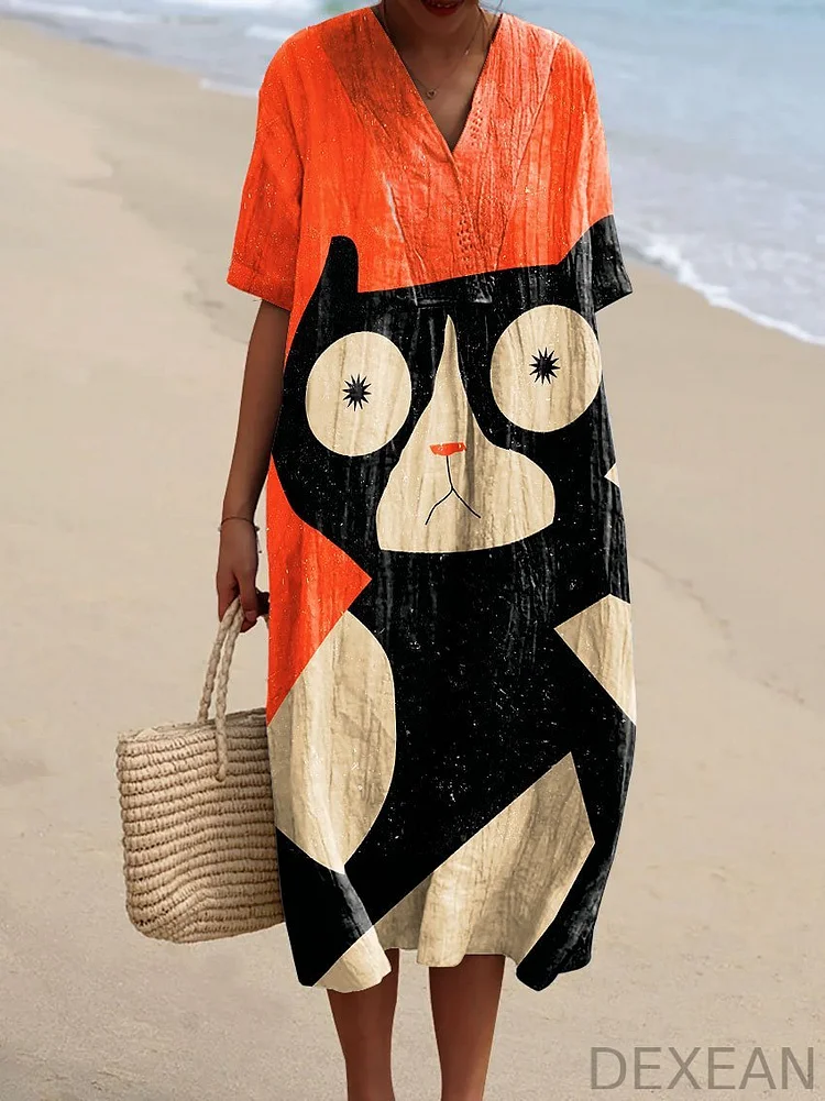 Women's Vintage Abstract Cat Art Print Flowy Dress