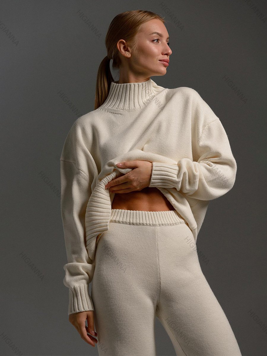 Turtleneck Knit Top and Ribbed Pants Set - HIGIANNA&reg;
