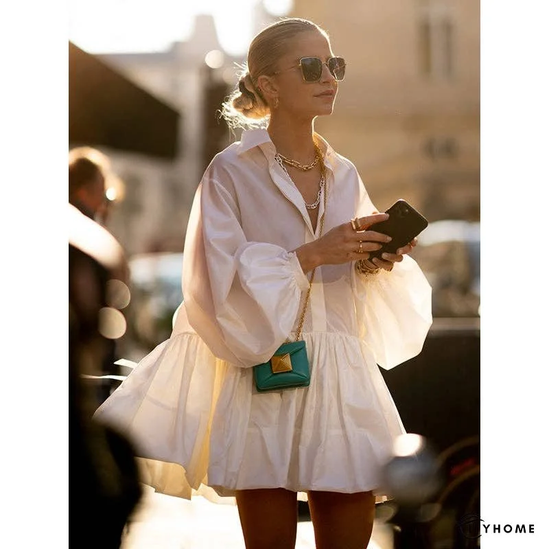 Urban Puff Sleeves Buttoned Split-Joint Solid Color Lapel Mini Dresses Shirt Dress | IFYHOME