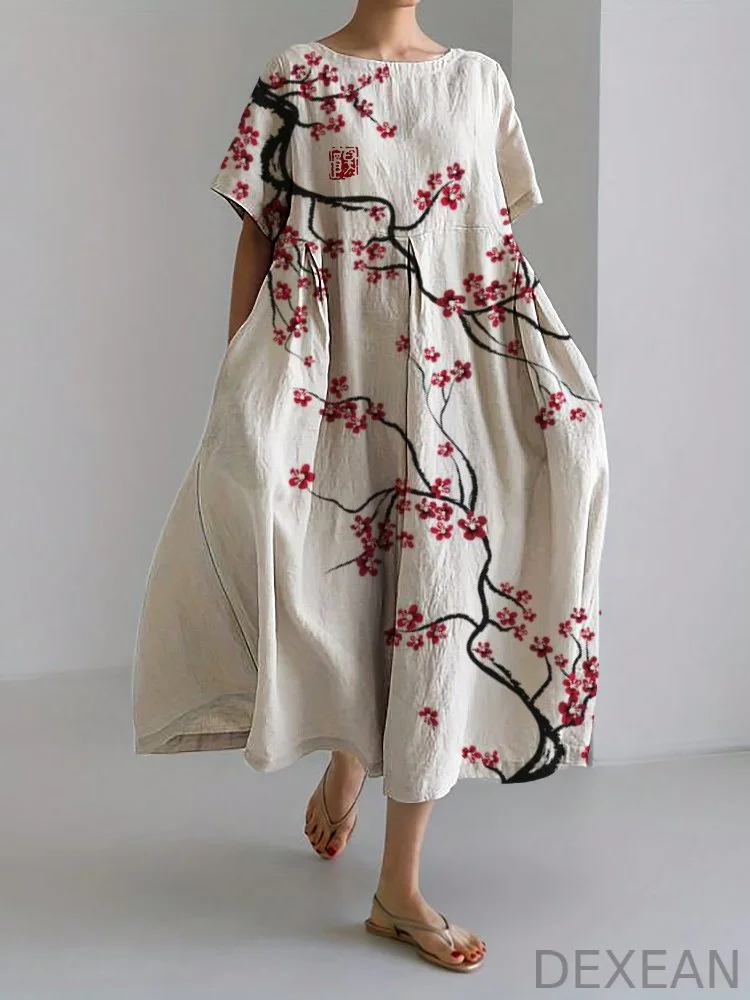 Classy Plum Blossom Japanese Art Linen Blend Maxi Dress