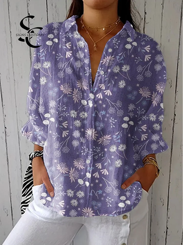 Women's Vintage Floral Art Print Casual Linen V-neck Shirt