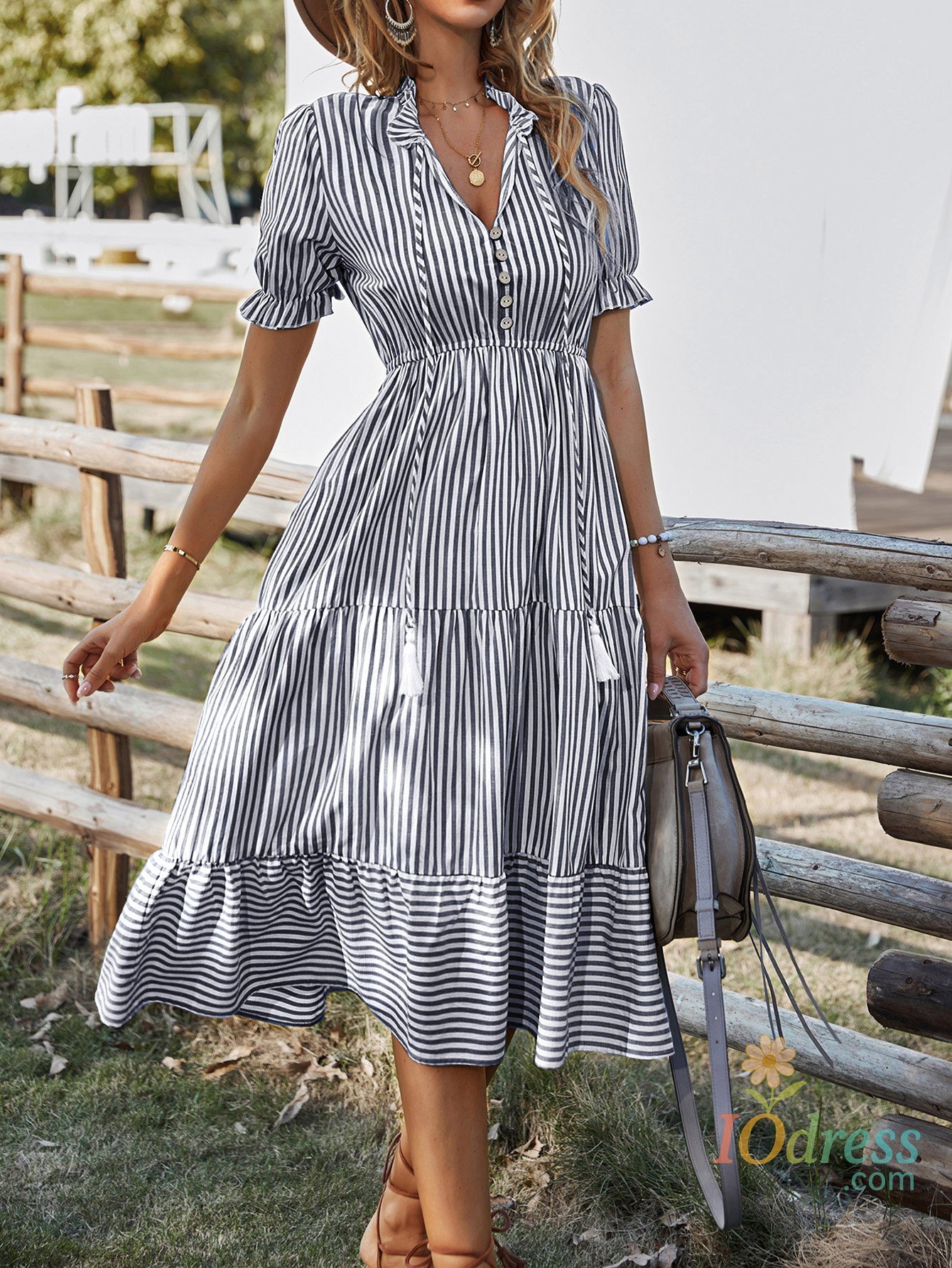 IO Dress Summer Women's Striped Short Sleeve V-Neck Elastic Waist Dress