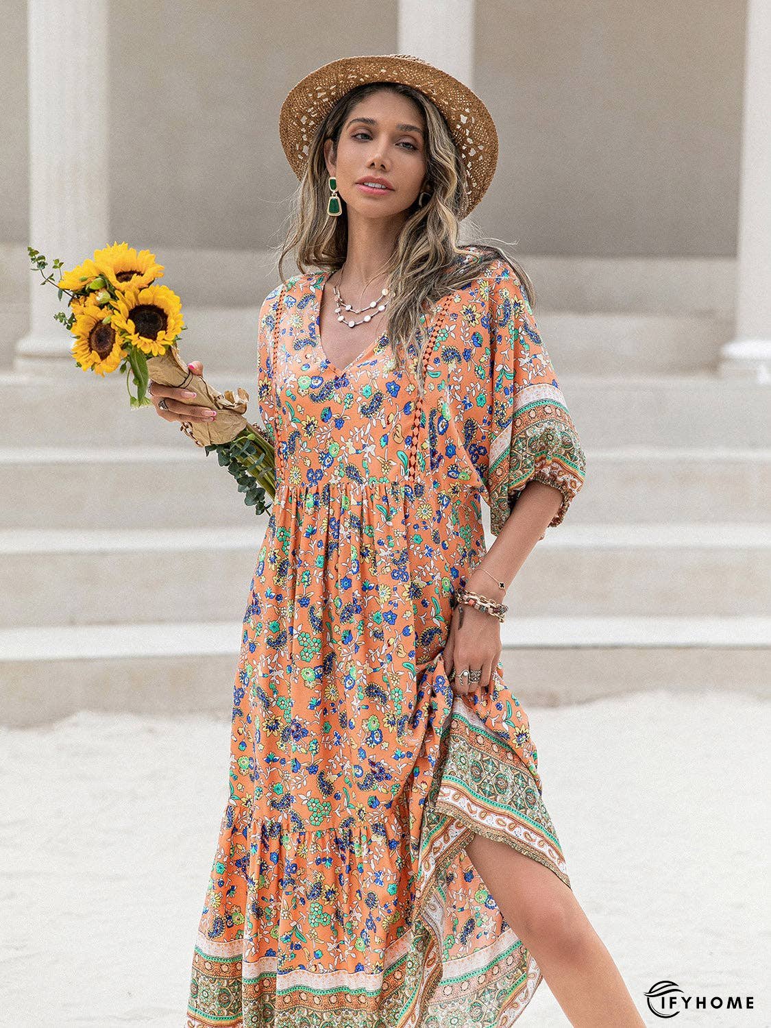 Printed V-Neck Short Sleeve Maxi Dress | IFYHOME