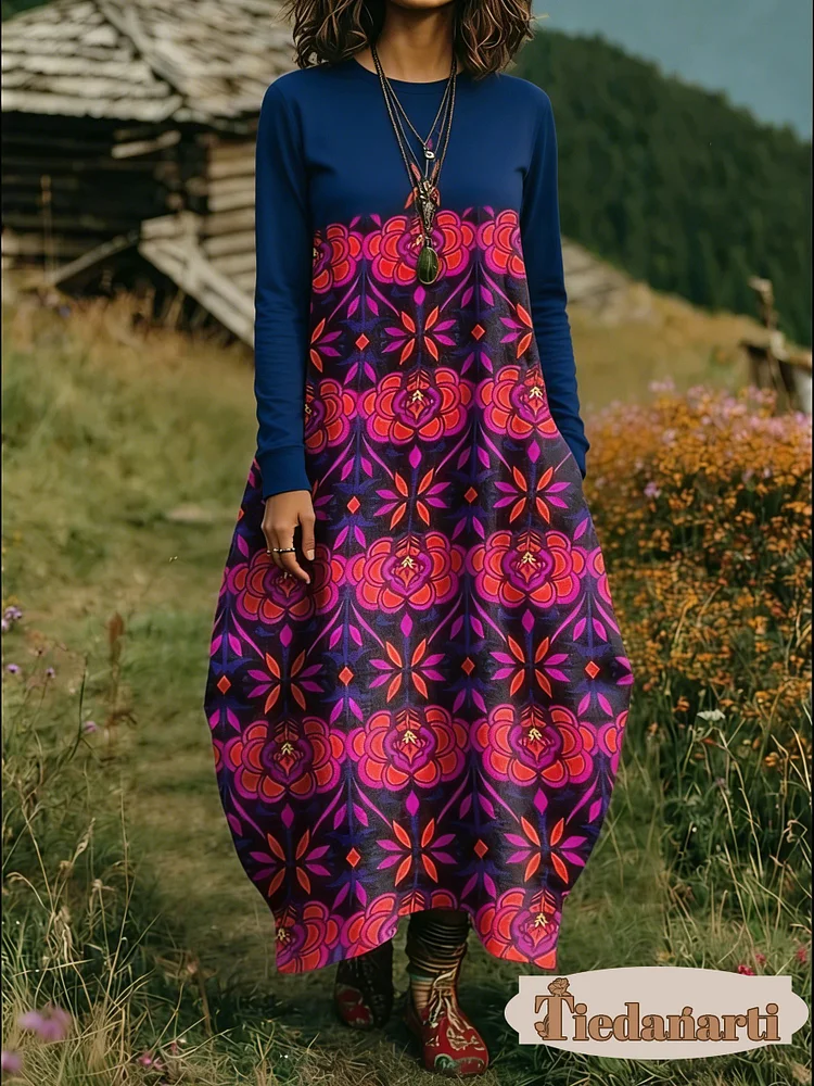 Women's Floral Print Crew Neck Long Sleeve Cotton Pocket Dress