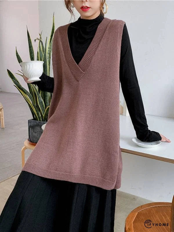 Trendy Sleeveless Split-Side Solid Color V-Neck Knitted Vest | IFYHOME