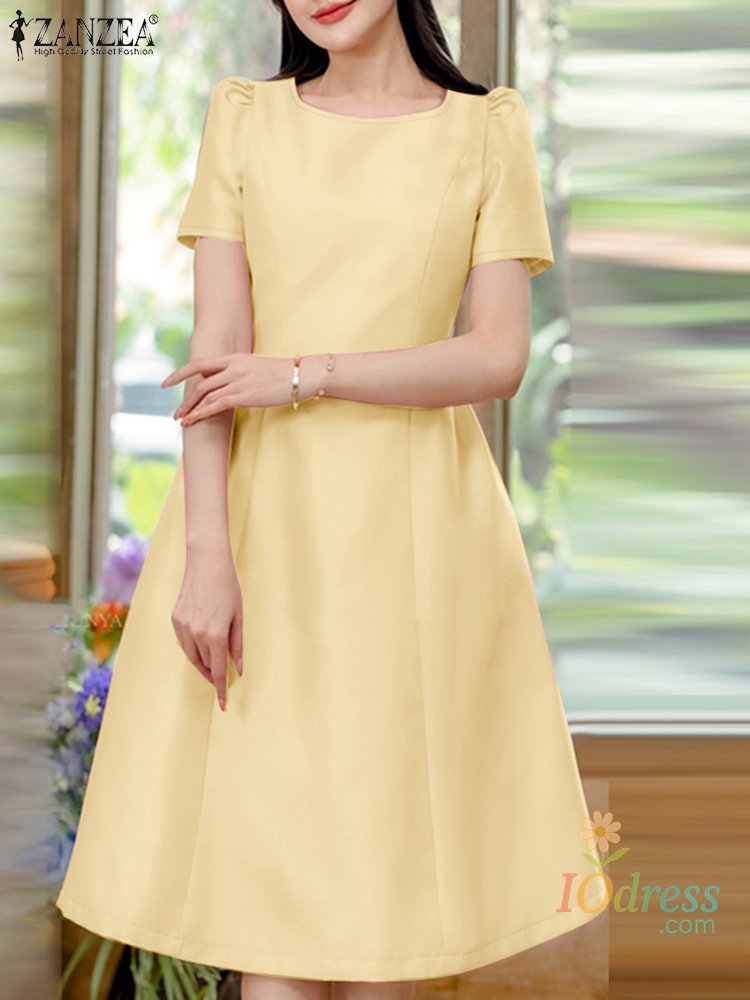 IO Dress Elegant Women A-line Party Dress Shop 2025 Summer Dress Fashion Solid Work Knee-length Robe O-Neck Short Sleeve Satin Vestidos